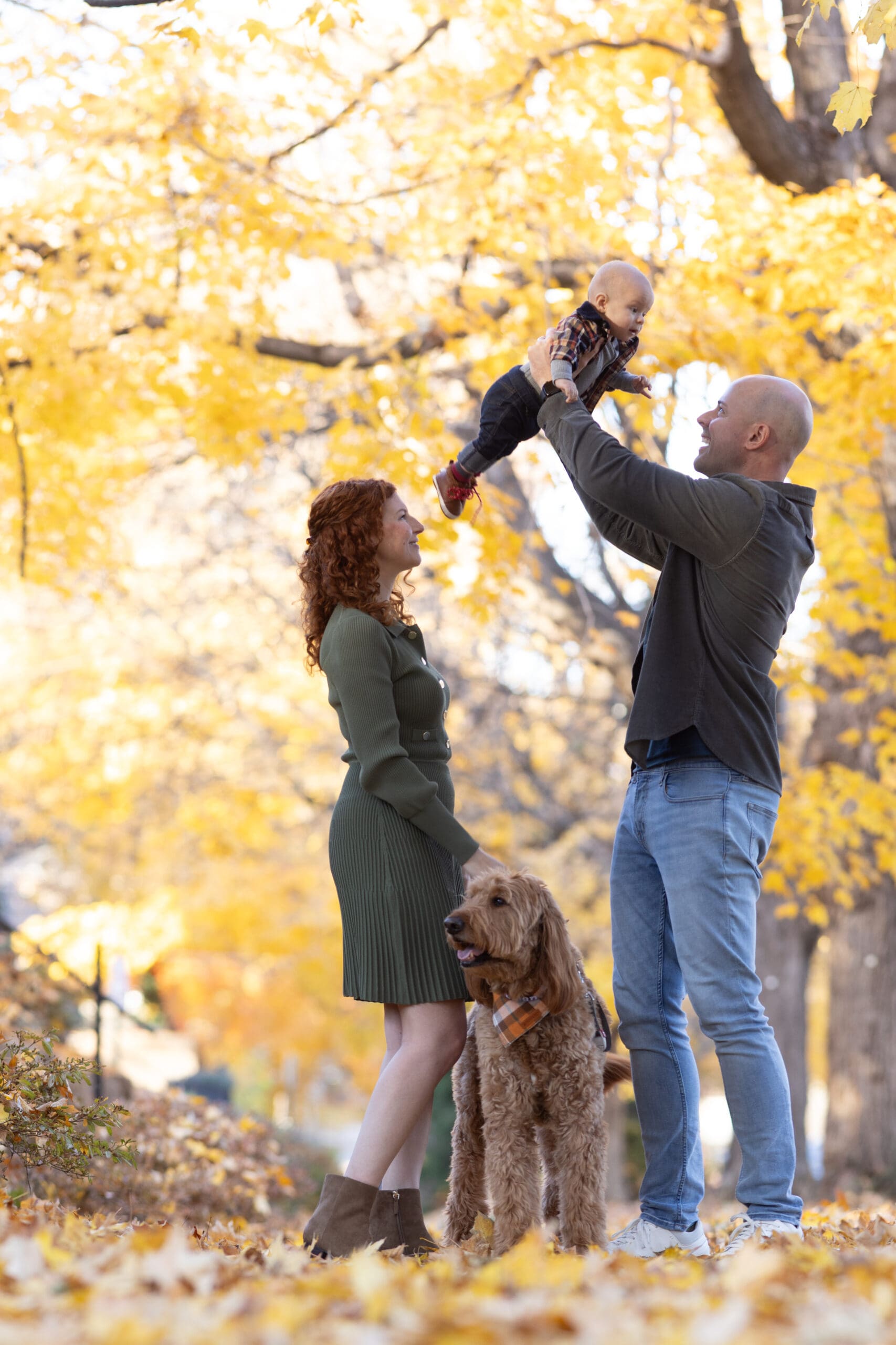 Kansas City family photographer, Young family lifting their baby into the air with their dog during a fall family portrait session in Parkville, Missouri.