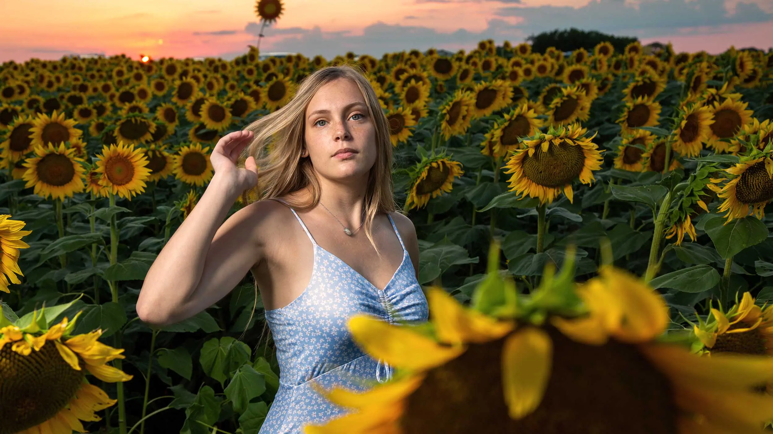 Northland Kansas City high school senior standing in a sunflower field at sunset in Berryton KS photographed by Gallery Portraiture.