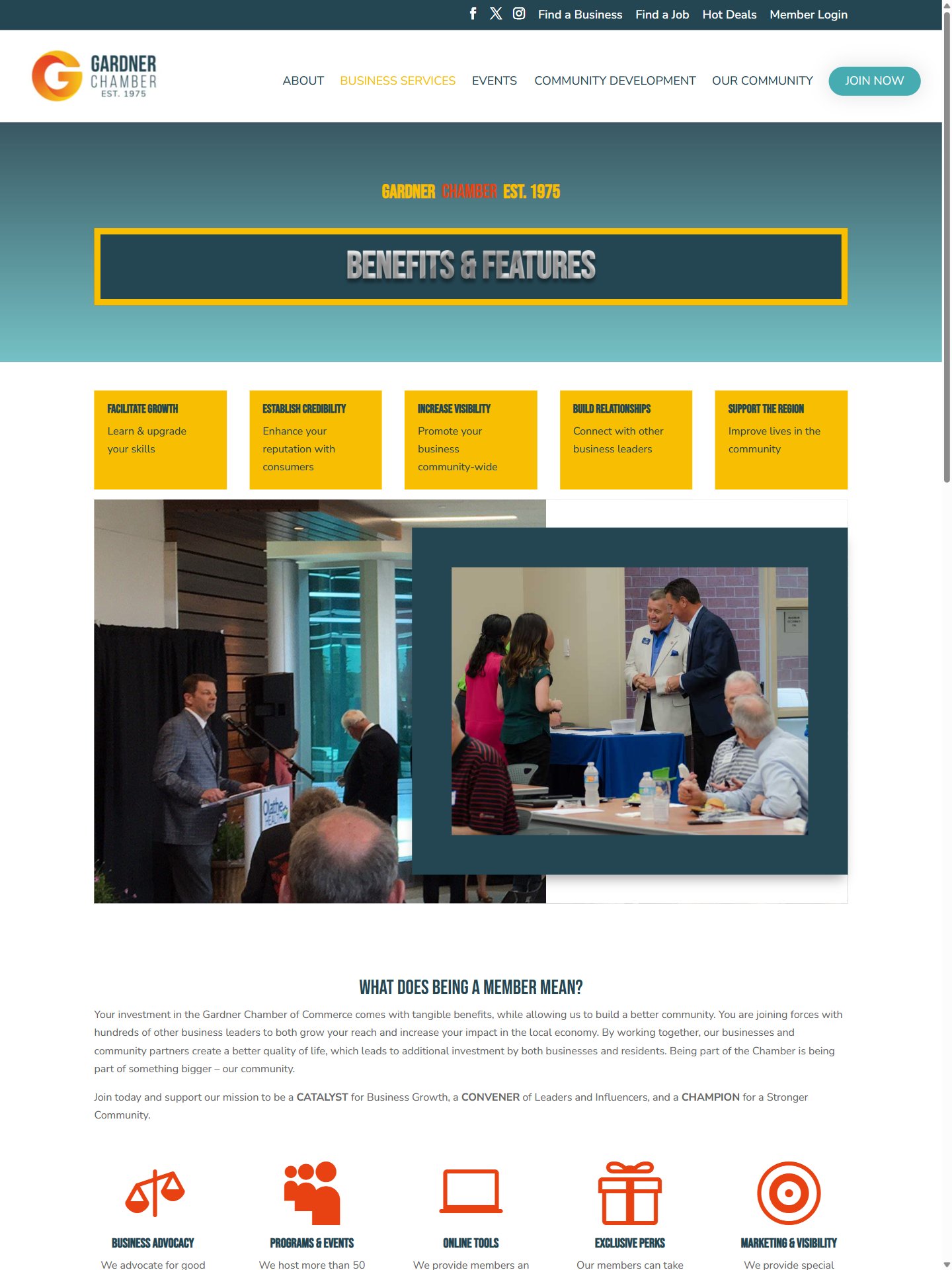 Gardner Chamber of Commerce membership benefits page with its community photography and member services.