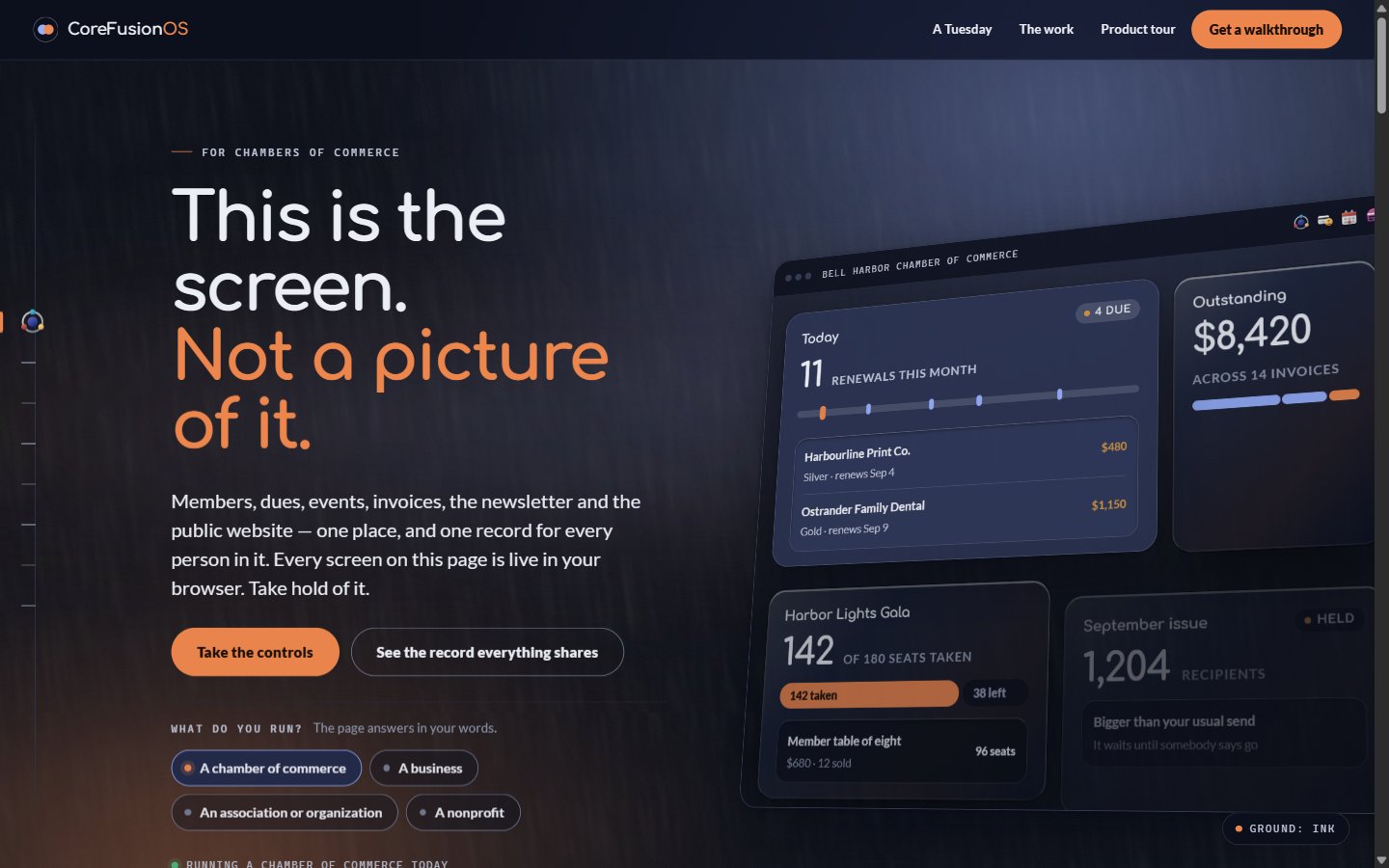 Preview of the CoreFusion OS website and interactive chamber dashboard.
