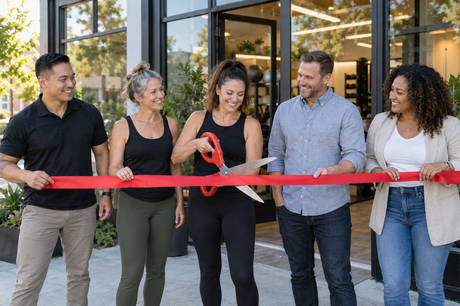 Five people celebrating a ribbon cutting outside a fitness studio.